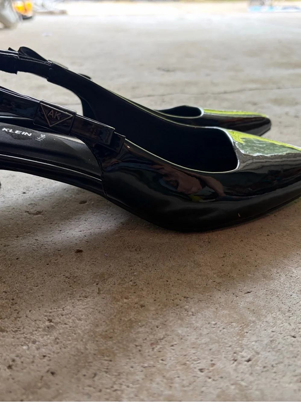 Anne Klein Black Patent Pointed Slingback Flats with Bow Accent